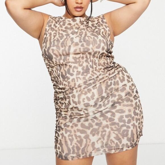 ASOS Design Curve Sleeveless Ruched Mesh Mini Dress - Leopard Print-multi -US 16 - Picture 10 of 16